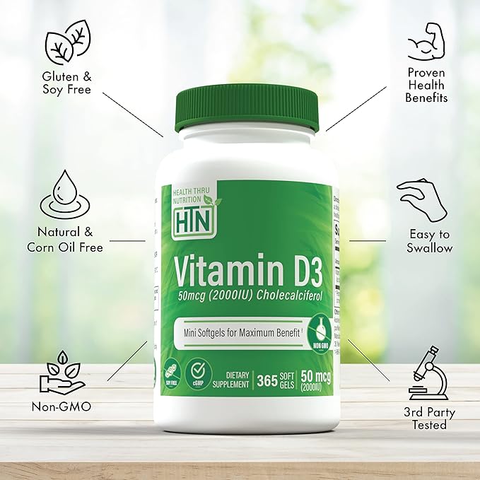 Health Thru Nutrition Vitamine D3 2000 UI 365 Mini Gélules pour un Maximum de Bénéfices | Approvisionnement Annuel | 50mcg Cholécalciférol | Testé par un Tiers | Sans OGM Qualité USP dans Huile d'Olive Extra Vierge | Soutien du Système Immunitaire