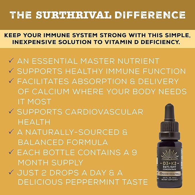 Surthrival：ビタミンD3＋K2デイライト濃縮液（別名：サンシャインビタミン）、0.5オンス、約270食分、免疫、心臓血管、骨の健康をサポート