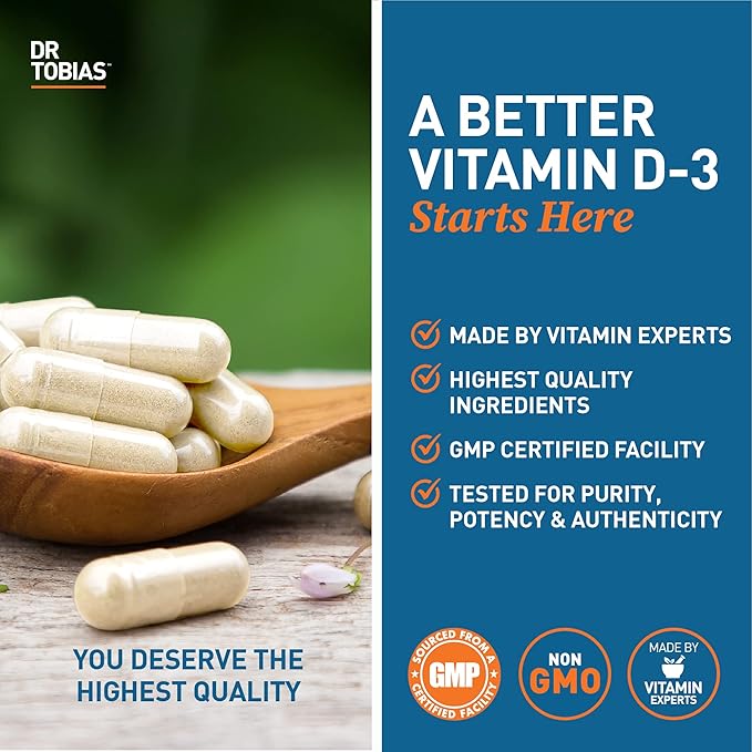 Dr. Tobias Vitamine D3 5000 UI, Essentielle pour des os, des dents et un système immunitaire sains, Supplément de Vitamine D Extra Fort, Sans OGM, 90 Capsules, 90 Portions