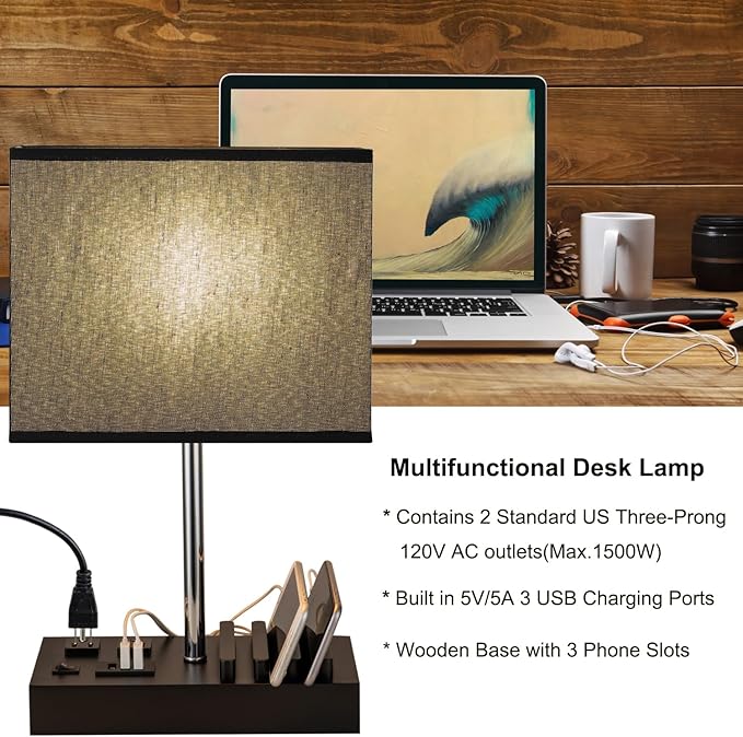 Briever USB Table Lamp, Multi-Functional Desk Lamp with 2 AC Outlets, Bedside Lamp with 3 USB Charging Ports and Wooden Phone Stands, Nightstand Lamp for Bedroom, Livingroom, Office, Black Shade