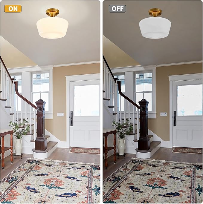 youngrender Semi Flush Mount Ceiling Light, Gold Schoolhouse Milk Glass Light Fixture, Vintage Brass Farmhouse Ceiling Light for Kitchen Hallway Entryway Bedroom Dining Room, E26