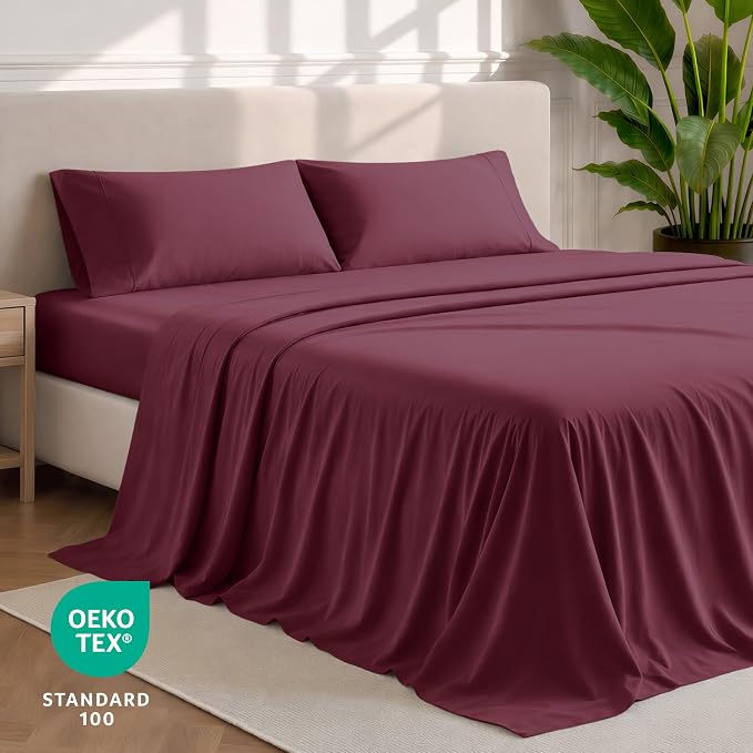 Bare Home Queen Sheet Set - 1800 Ultra-Soft Microfiber Queen Bed Sheets - Double Brushed - Deep Pockets - Easy Fit - 4 Piece Set - Bedding Sheets & Pillowcases (Queen, Burgundy)