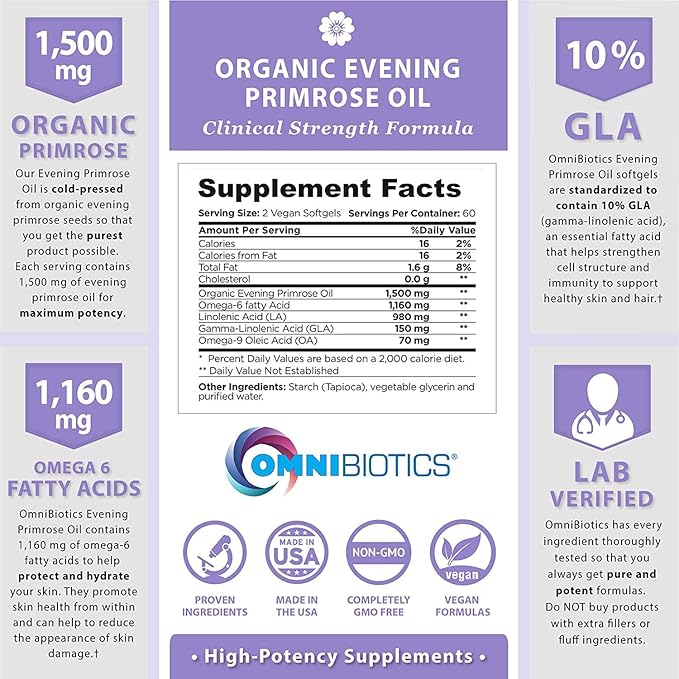 OmniBiotics Organic Evening Primrose Oil for Women – Clinical Strength 1500mg per Capsule, 10% GLA, Cold-Pressed, Non-GMO, Hormone Balance for Women – 120 Vegan Softgel Capsules (Pack of 2)