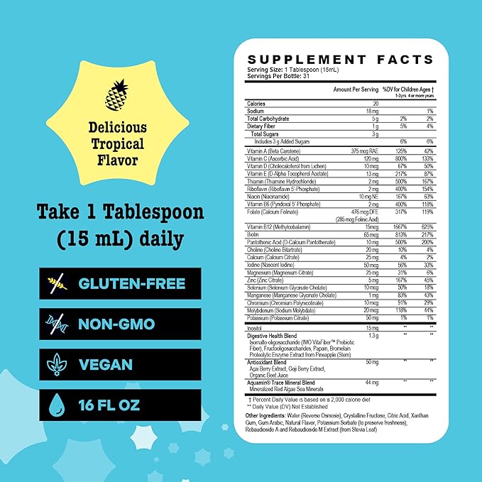 Best Nest Wellness - Mama Bird - Kids Multi+ Liquid Vitamins (31 Servings) Tropical Flavor - Active Methylated Vitamins, Kids Multivitamin - Organic Superfoods, Enzymes