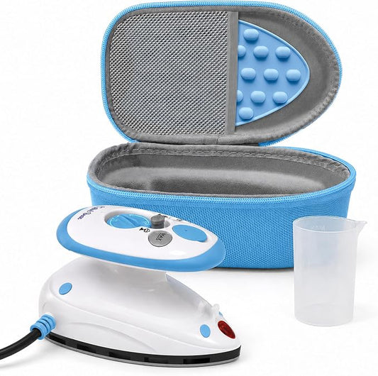 The Quilted Bear Premium Mini Steam Iron - Lightweight Mini Travel Iron for Effortless Quilting & Wrinkle-Free Clothes with Carry Case & Iron Rest Set - Travel Steamer for Clothes & Crafts (Blue)