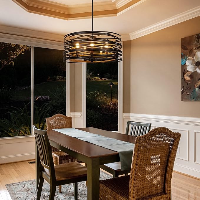 ACNKTZ 19.7'' Farmhouse Dining Room Light Fixture, 5-Light Metal Drum Chandelier, Black with Retro Wood Texture Interior