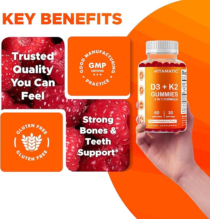 Vitamatic Bonbons Gommes Vitamine D3 et K2 (Lot de 2, 60 unités) Soutient la santé des os, la santé cardiaque, l'absorption du calcium et la fonction immunitaire À base de plantes, Sans OGM, Sans gluten