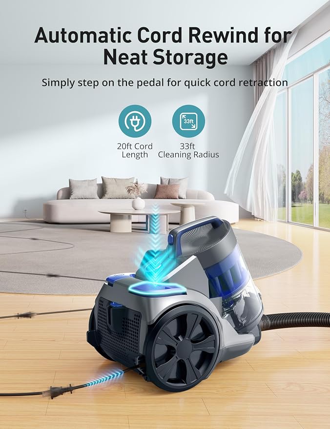 1700W Canister Vacuum Cleaner, 45Kpa Bagless Vacuum Cleaner, Multi-Cyclonic Filtration, 2 Anti-Allergen HEPA Filters, 3.5QT Dust Cup, 4 Tools, No Hair Tangles for Hard Floor, Pet Hair, Royal Blue