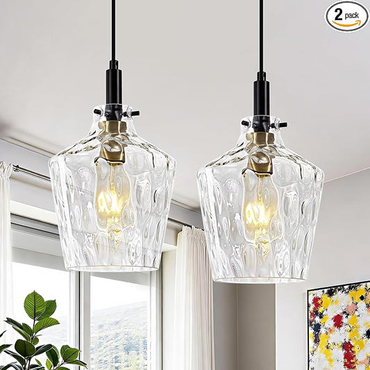 Modern Hammered Glass Pendant Light for Kitchen Island 2 Pack, Farmhouse Black and Gold Pendant Light Fixtures, Height Adjustable Ceiling Pendant Light, 8 Inch