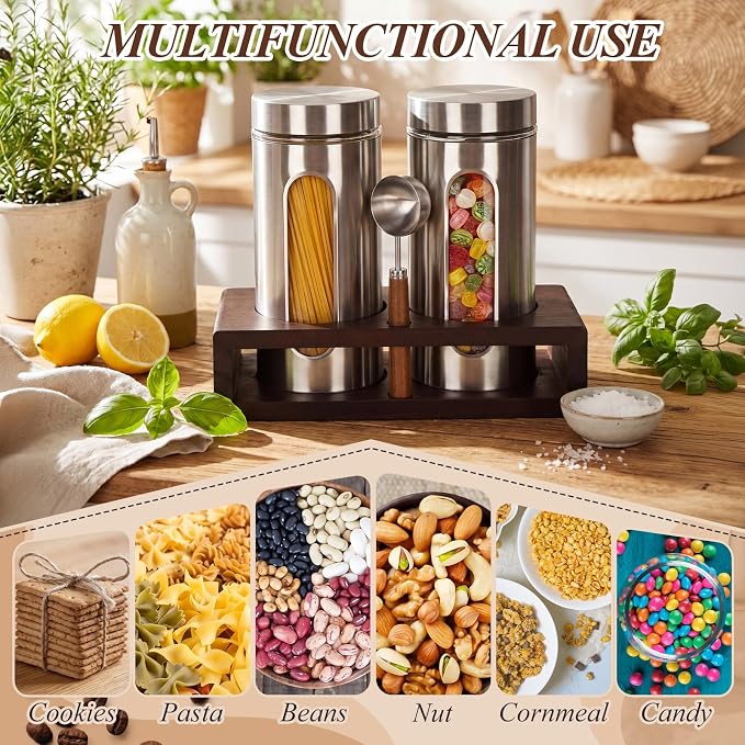 Suclain Stainless Steel Coffee Grounds Canisters with Shelf 2 x 50oz Sugar Coffee Bean Storage Container Airtight Threaded Lid Glass Window Scoop Kitchen Jar Set (Upgrade Style, 11.02 x 5.12 x 2.76'')