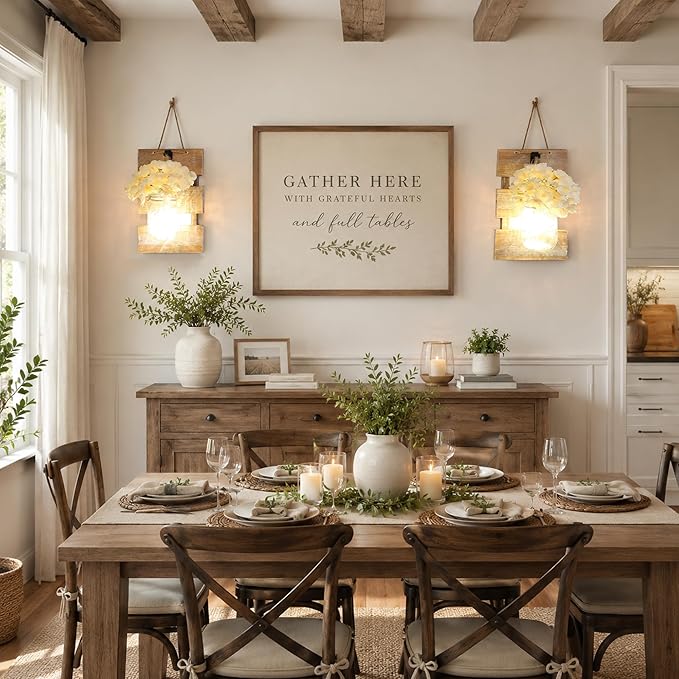 Rustic Mason Jar Sconces Wall Decor - Set of 2 Hanging Wooden Wall Art with LED String Lights & Remote Timer - Vintage Farmhouse Decoration for Living Room or Bedroom, Brown