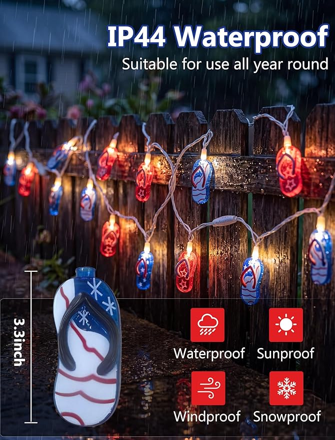 GOOTHY 4th of July Decorations Lights, 8.5Ft 10 Outdoor American Flag Slippers String Lights, Connectable Patriotic Flip Flop Fairy Lights for Outdoor Independence Day Memorial Day Summer Beach Party