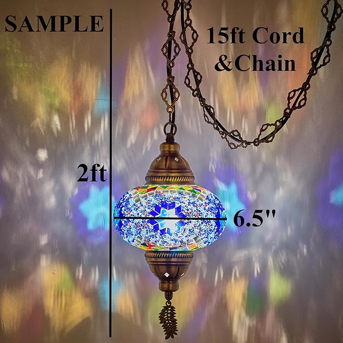 DEMMEX Authentic Turkish Mosaic Plug-in Swag Pendant Light Fixture, Large 6.5" Globe – Moroccan Hanging Ceiling Lamp - 15ft Cord & Chain, US/CA Plug, Exotic Mediterranean Decor, Handmade