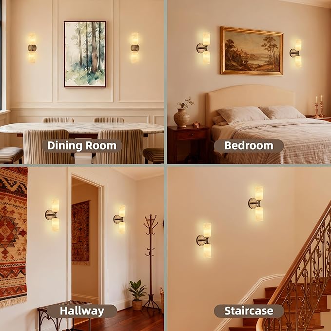 Alabaster Wall Sconce, Solid Brass Sconce with Natural Spanish Alabaster, 14.4 in Vanity Lights for Bathroom, Hardwired Wall Lamp for Bedroom Staircase Hallway, G9 LED Bulb, Set of 2