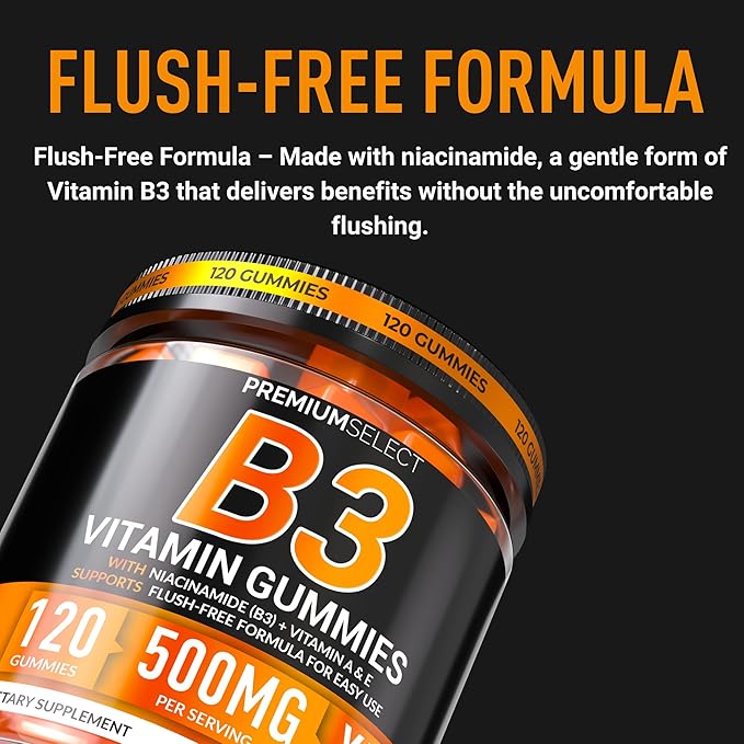 Gummies de Vitamine B3 Niacinamide 500 mg – Supplément de Niacine sans Effet Flush avec Vitamines A et E – 120 Gummies Véganes pour Adultes – Sans OGM, Sans Sucre, Sans Gluten – Approvisionnement pour 2 Mois