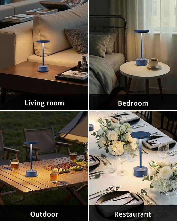 PUSU Rechargeable Table Lamps Set of 2, Blue Cordless LED 4000mAh Battery Desk Lamp, Stepless Dimming & 3 Color 2700K-6000K, Portable Lamp for Bedroom, Living Room, Restaurant, Outdoor, Night Light