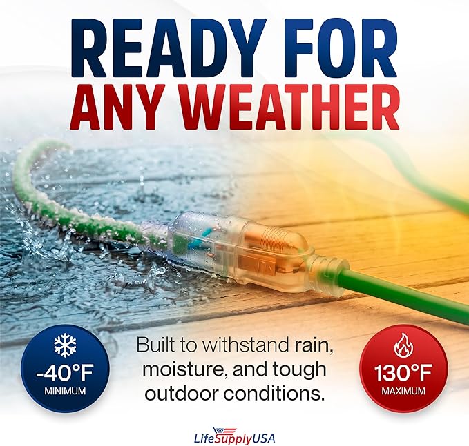 200ft Outdoor/Indoor Extension Cord 10/3 Gauge Ultra Heavy Duty 3 Prong SJTW, Waterproof, Flexible Cold-Resistant Long Power Cord,10A 125V 1250W, Green by LifeSupplyUSA