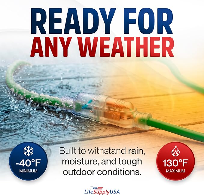 75ft Outdoor/Indoor Extension Cord 14/3 Gauge Heavy Duty 3 Prong SJTW, Waterproof, Flexible Cold-Resistant Long Power Cord,13A 125V 1625W, Green by LifeSupplyUSA