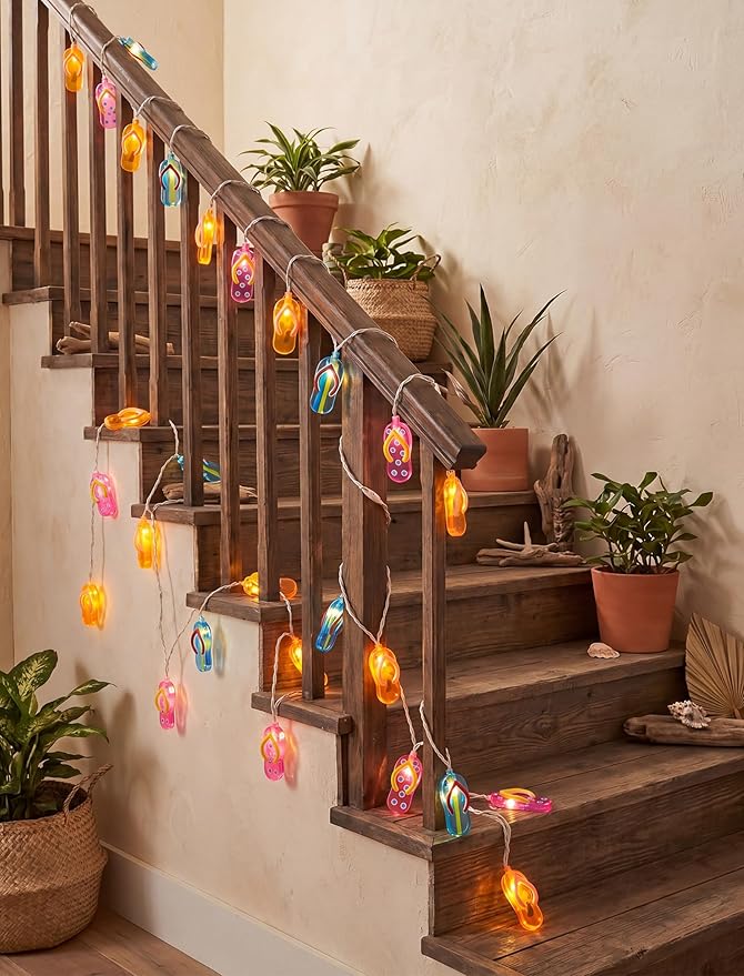 Summer Beach Flip Flop String Lights Plug in, 8.5FT Outdoor Hawaiian Tropical Themed Decoration Lights with 10 LED Multicolor Beach Slipper Lights for Patio Party Birthday Home Window Tent Home Decor