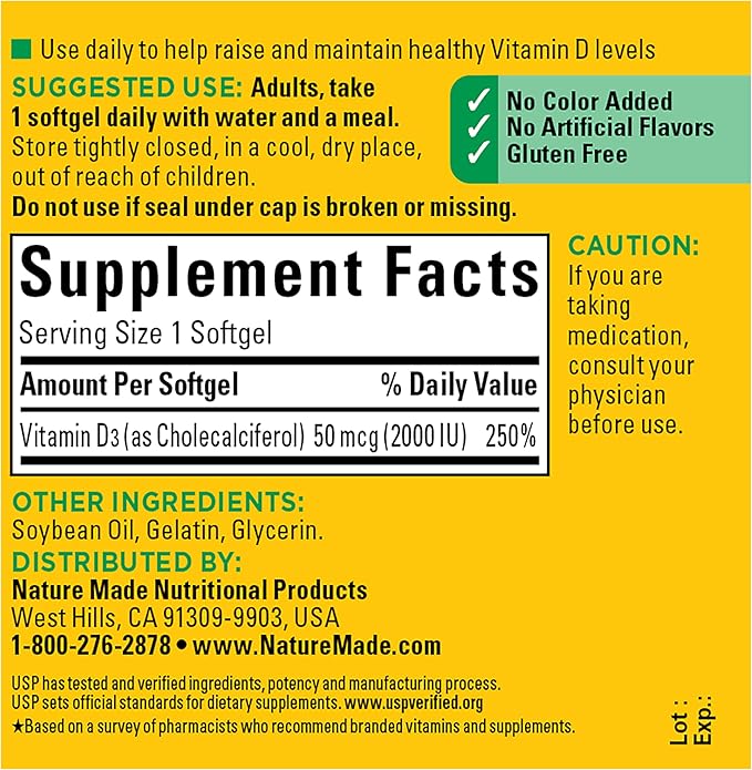 Nature Made Vitamine D3 2000 UI (50 µg), Complément de Vitamine D pour le Soutien de la Santé des Os, des Dents, des Muscles et du Système Immunitaire, 90 Gélules, Approvisionnement de 90 Jours