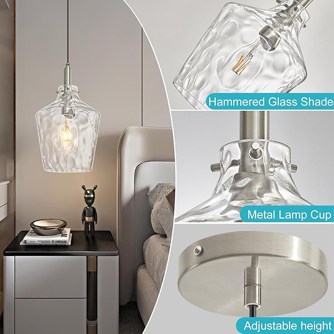 Modern Hammered Glass Pendant Lighting for Kitchen Island 1 Pack, Farmhouse Nickel Pendant Light Fixtures, Height Adjustable Ceiling Pendant Light, 8 Inch