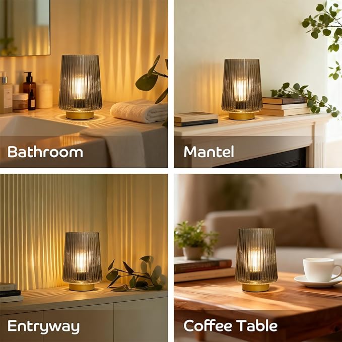 LUSHARBOR Battery Powered Lamp with Timer, Cordless Small Table Lamps Battery Operated with LED Bulb, Decorative Bedside Lamp for Living Room Grey 2Pack