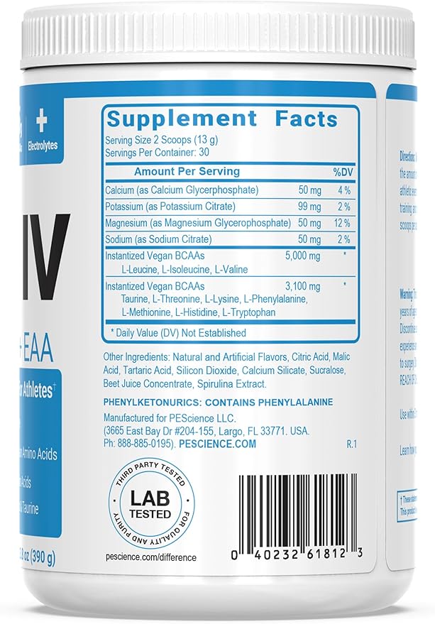PEScience Amino IV BCAA & EAA Powder, Essential Amino Acids, Taurine, Electrolytes for Hydration and Muscle Recovery, Sugar Free for Men & Women, Post Workout - Black Cherry, 30 Servings