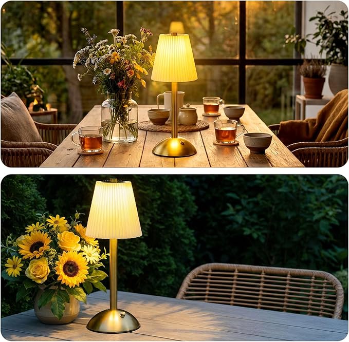 Liliful 2 Pcs Cordless Table Lamp Rechargeable Touch LED Small Gold Portable Battery Operated USB-c Desk Lamp 3 Color Dimmable for Bedroom Living Room Dining (Gold,Beige Cloth Style)