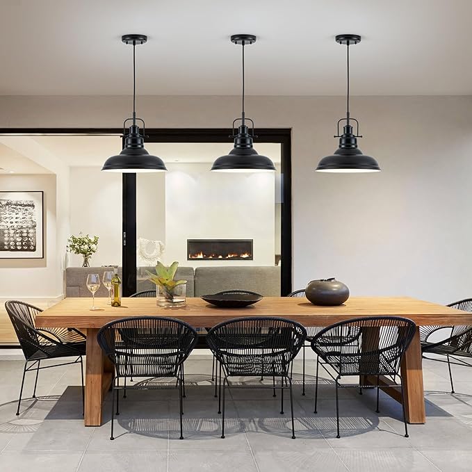 Zlepmlla Famrhouse Pendant Light, Black Pendant Light Fixture with Metal Dome Shade, Adjustable Height Hanging Light for Kitchen Island, Living Room, Bedroom