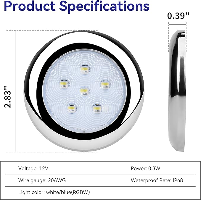 RVZONE 3 Inch White & Blue Dual Color Boat Courtesy Lights, IP68 Waterproof Stainless Steel Marine LED Light, Interior Exterior Deck Cabin Lighting for Fishing Pontoon Sailboat, 2 Pack