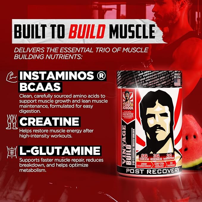 Old School Labs Vintage Build Post-Workout Recovery Powder Drink with BCAAs, Creatine & L-Glutamine to Support Muscle Recovery & Strength for Men & Women – Juicy Watermelon, 30 Servings