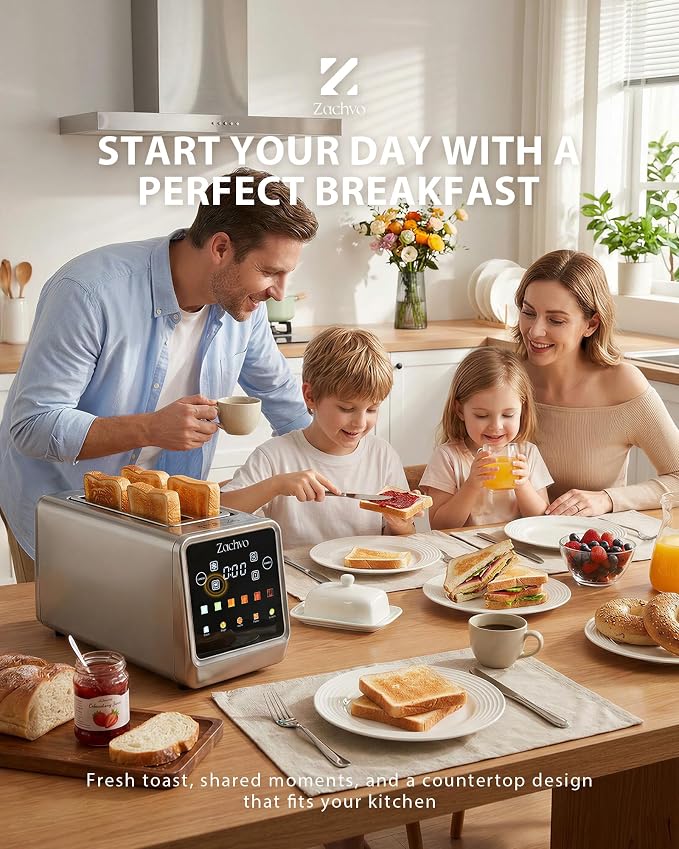 4 Slice Long Slot Toaster with Touchscreen, Memory Function, Extra Wide Slots for Bagels & Artisan Bread, Digital Timer, Reheat & Defrost, Slim Stainless Steel