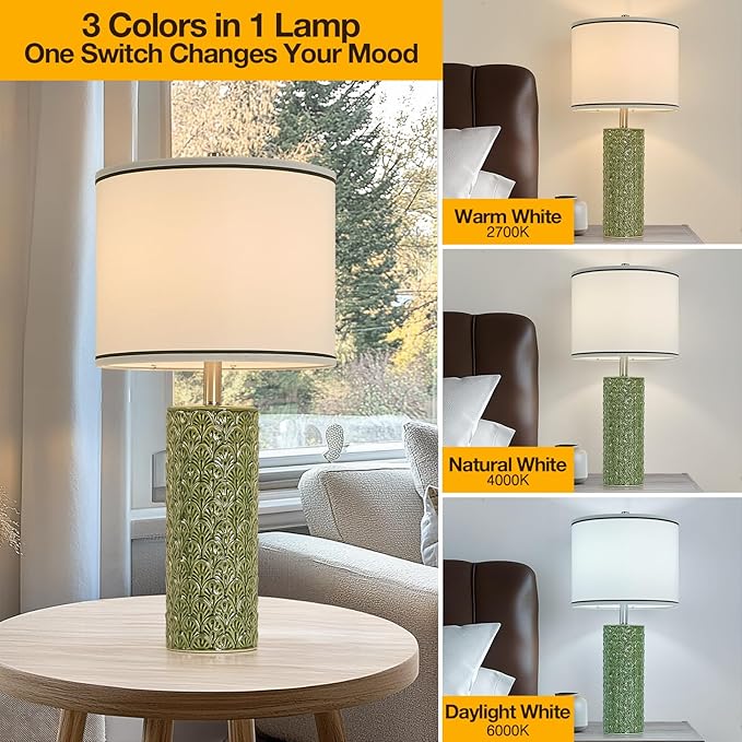 27" Tall Farmhouse Table Lamp Set of 2, Large Ceramic Bedside Lamps for Bedroom Living Room, 3-Color Temperature Dimmable Nightstand Lamps with Bulbs Included, Modern Home Decor (Light Green)