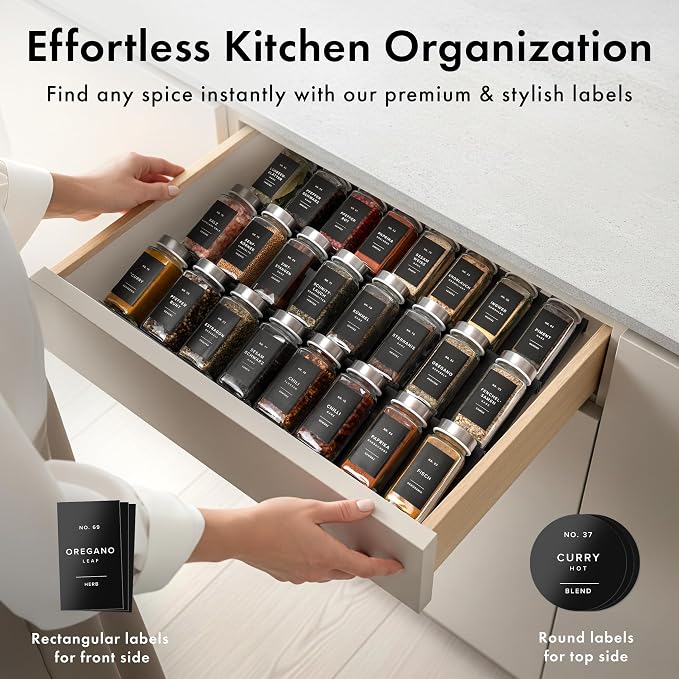 EDELHAUS Glass Spice Jars with Label and Stainless Steel Lids (24 x 4oz) Spice Containers with 240 Labels, Shaker Inserts, Steel Funnel, Empty Square Seasoning Organizer for Spice Rack Cabinet Drawer