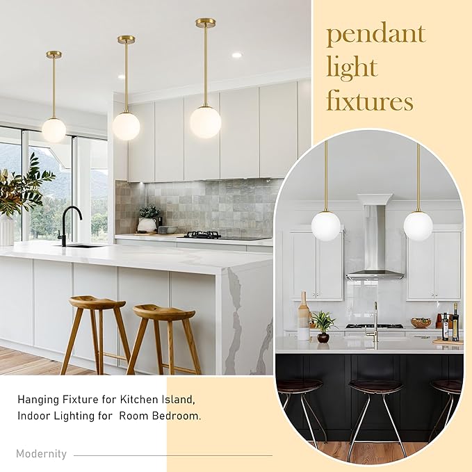 Bagood 6" Globe Pendant Light Gold 2 Pack Mid Century Pendant Light Globe Pendant Lights Kitchen Island Brushed Brass Finished with Milk Glass Adjustable Ceiling Light Fixtures for Dining Room Bar