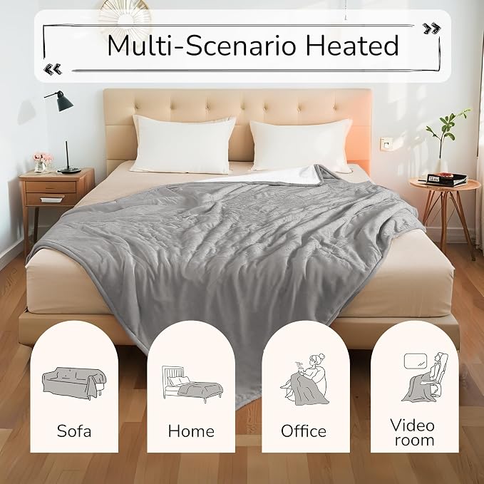 Electric Heated Blanket 84"x90" Queen Size, Dual-Sided Microplush Sherpa for Bedroom Couch Use, 4 Heat Settings & 10 Hours Auto Off Energy Saving, Dual Controller, Machine Washable - Light Gray