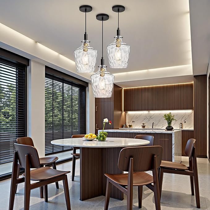 Modern Hammered Glass Pendant Lighting for Kitchen Island 1 Pack, Farmhouse Black and Gold Pendant Light Fixtures, Height Adjustable Ceiling Pendant Light, 8 Inch