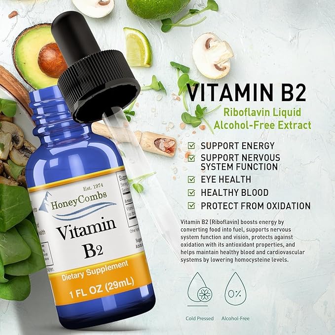 ハニカム リボフラビン ビタミンB2液状ドロップ 500%DV、米国製アルコールフリーB2ビタミンサプリメント、大人向けカプセルに代わる高吸収型リボフラビン、日常使いに