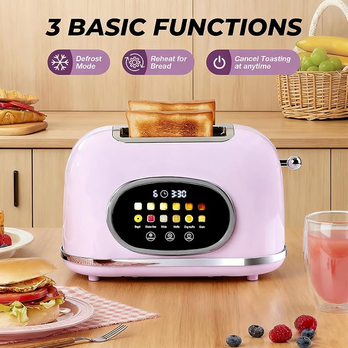 Roter Mond 2 Slice Toaster Smart Touch Screen, Retro Stainless Steel Bread Toaster with Digital Timer, Sleep Mode, Bagel, Cancel, and Defrost Functions, 6 Bread Types and Shade Settings, Light Purple