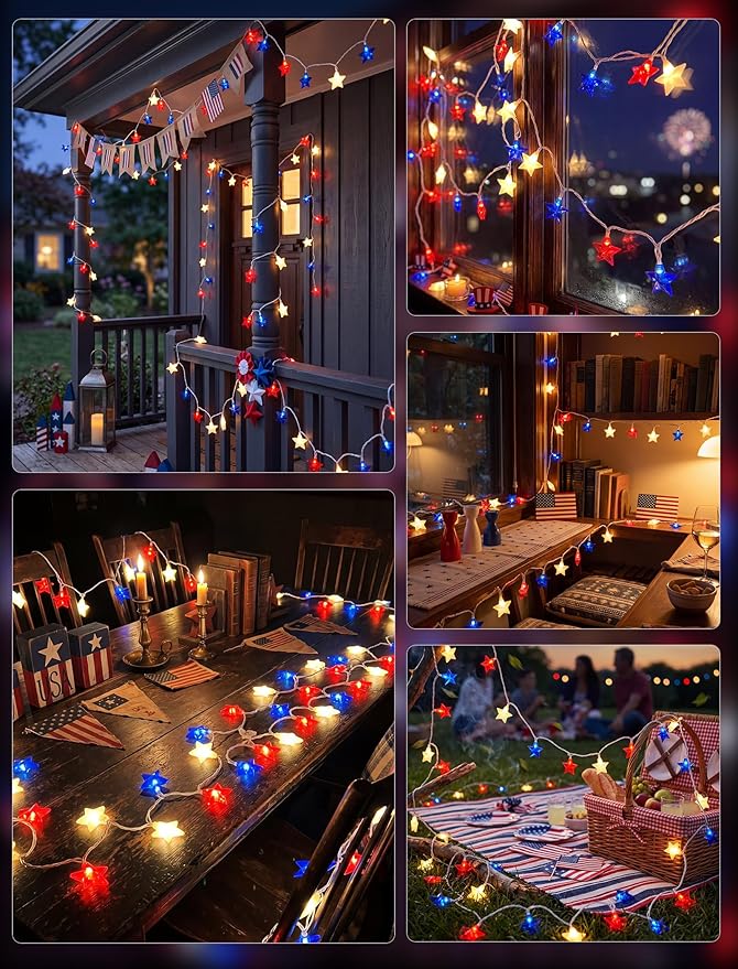 8.5Ft 10LED Red White and Blue Star String Lights, 4th of July Decorations Lights for Outdoor, Connectable LED Patriotic Lights Waterproof for Backyard Patio Flag Day Memorial Day Independence Day
