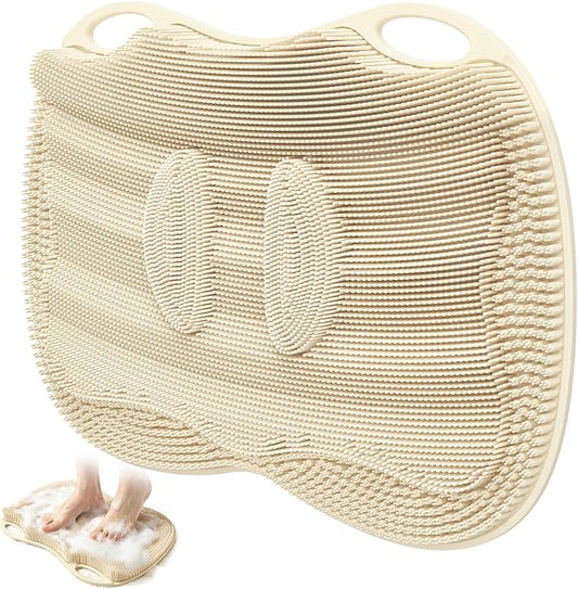 XL Shower Foot Scrubber Mat, Silicone Feet Massage Scrubber in Shower Clean Foot Toes Pad without Bending Non-slip Suction Cups Blood Circulation Exfoliate Smooth Achy Relief 17.4*13.4" Beige