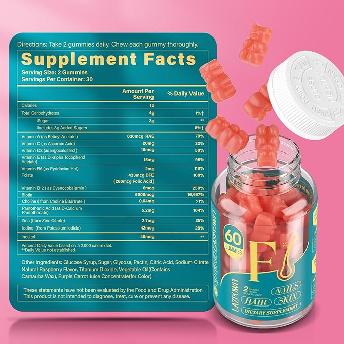Biotin Gummies -Hair Skin and Nails Vitamins for Men & Women, Vegan Vitamin B7, Supports Hair Growth and Stronger Nails,90 Day Supply-Strawberry-180 Counts