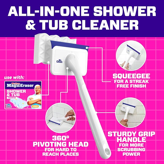 Mr. Clean Magic Eraser Shower & Tub Scrubber, Bathroom Cleaner, All in One Bathroom Cleaner, Lemon Starter Kit, 2 Scrubber, 5 Foaming Magic Erasers, 1 Whole Home Extra Durable Magic Eraser