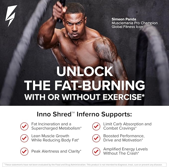 Inno Shred Inferno Thermogenic Fat Burner for Men & Women - Appetite Suppressant, Energy & Metabolism Support with MitoBurn, Paradoxine, Chromax, Green Tea - 60 Capsules, 30 Servings
