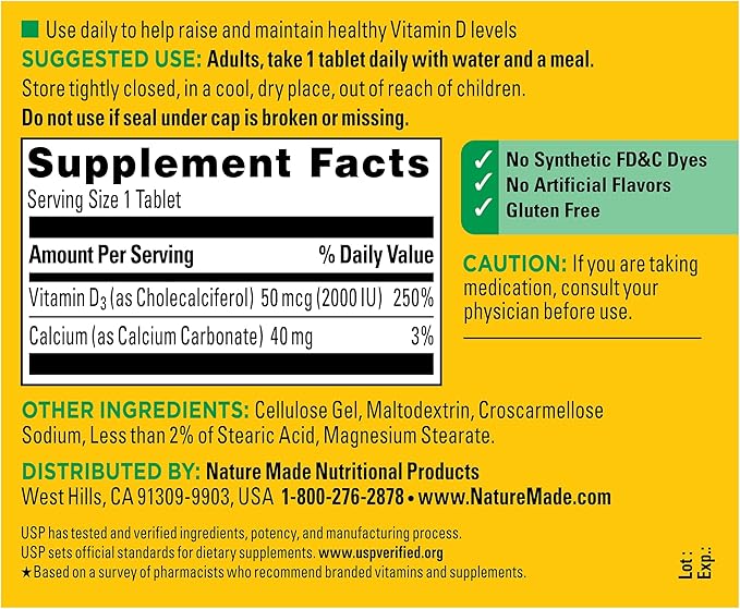 Nature Made Vitamin D3 2000 IU (50 mcg), Vitamin D Supplement for Bone, Teeth, Muscle and Immune Health Support, 220 Tablets, 220 Day Supply
