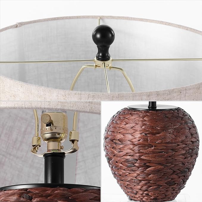 JONATHAN Y 24.5" Dark Brown Water Hyacinth Farmhouse Basket Table Lamp, Coastal Decor for Living Room Bedroom Nightstand, Light Gray Linen Shade, LED Bulb Included (JYL6501B)