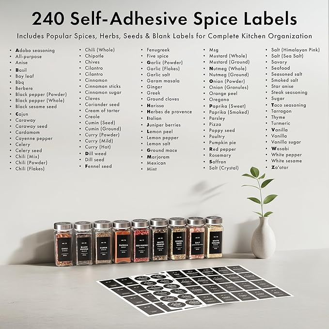 EDELHAUS Glass Spice Jars with Label and Stainless Steel Lids (24 x 4oz) Spice Containers with 240 Labels, Shaker Inserts, Steel Funnel, Empty Square Seasoning Organizer for Spice Rack Cabinet Drawer