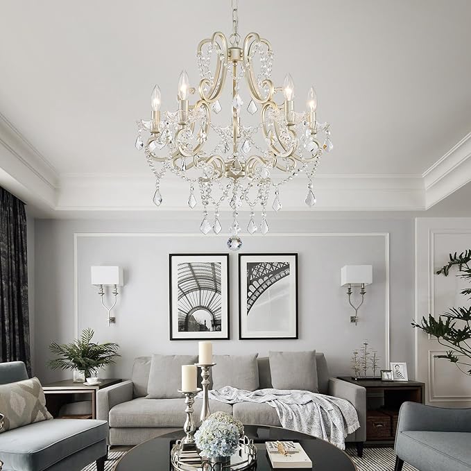 Crystal Chandelier, 5-Light Modern Chandelier for Dining Room Light Fixture, Nickel Finish Pendant Ceiling Light Fixture, Modern Candle Chandelier for Living Room Kitchen Island Entryway Bedroom