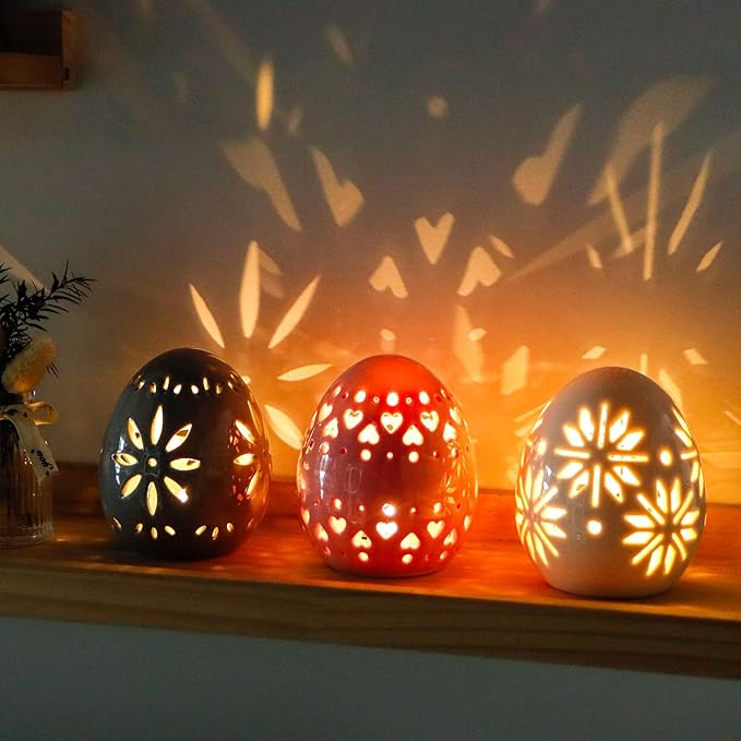 JHY DESIGN Set of 3 Ceramic Decorative Lamp 4" H Mood Lamp Battery Powered Floral Carved Cordless Light Great for Living Room Bedroom Weddings Parties Patio Events (Egg)
