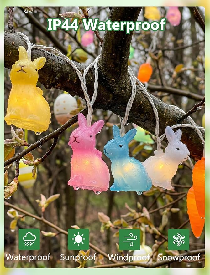 Easter Multicolor Rabbit and Carrot String Lights, 8.5Ft Plug in Spring Decorations String Lights with 10 LED Bunny and Corrt Lights for Easter Party Spring Home Garden Patio Indoor Outdoor Decor